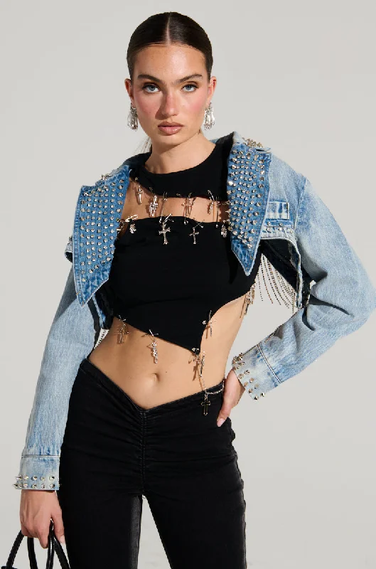 WATERFALL RHINESTONE CROPPED DENIM JACKET