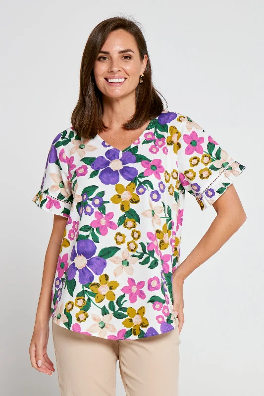 Adele Cotton Top - White/Amethyst Floral