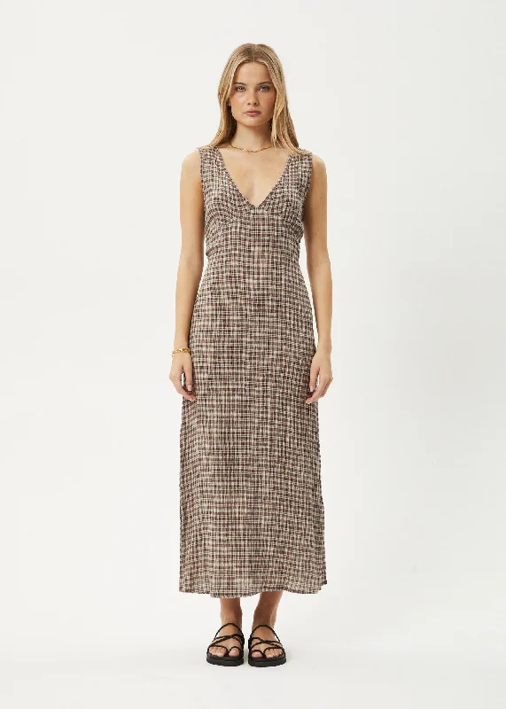 AFENDS Womens Base - Seersucker Check Maxi Dress - Coffee Check