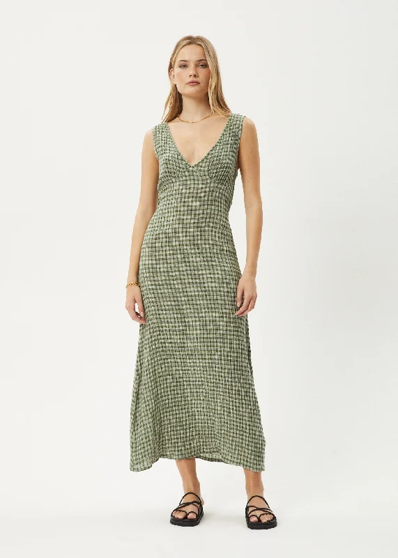 AFENDS Womens Base - Seersucker Check Maxi Dress - Deep Green Check