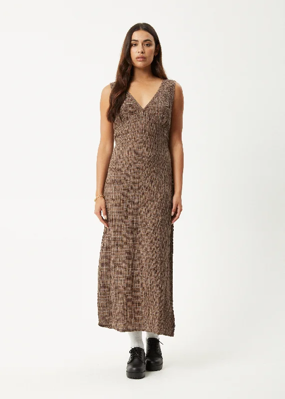 AFENDS Womens Hometown - Seersucker Check Maxi Dress - Coffee