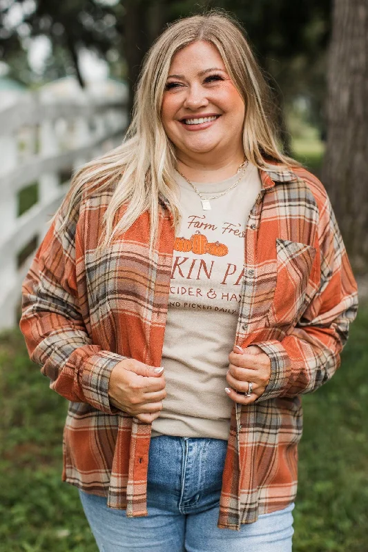 Here Again Plaid Button Top- Pumpkin