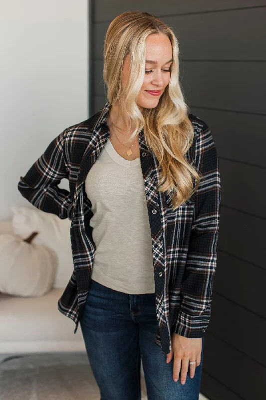 On An Expedition Plaid Button Top- Navy