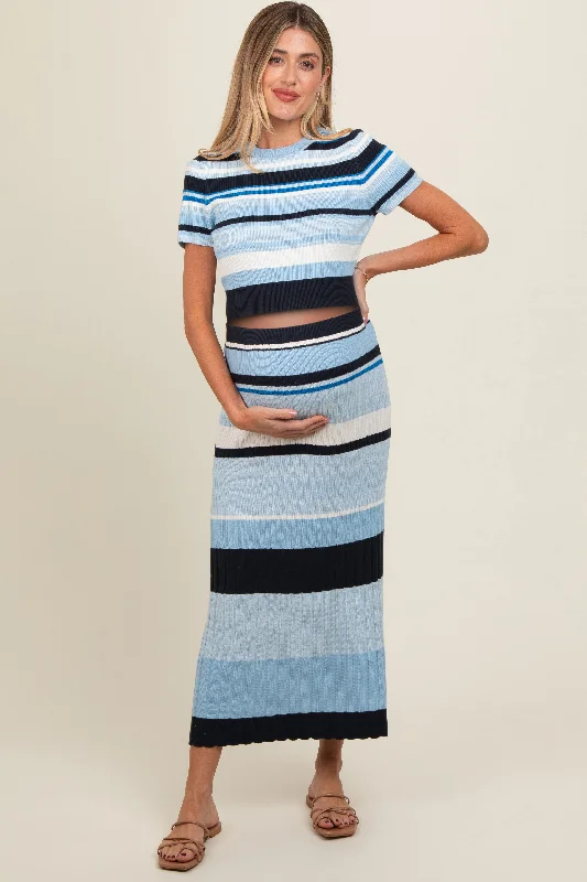 Blue Ribbed Striped Maternity Skirt Set