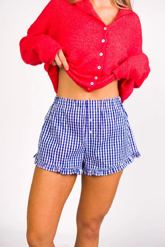 Georgia Gingham Ruffle Hem Shorts in Blue