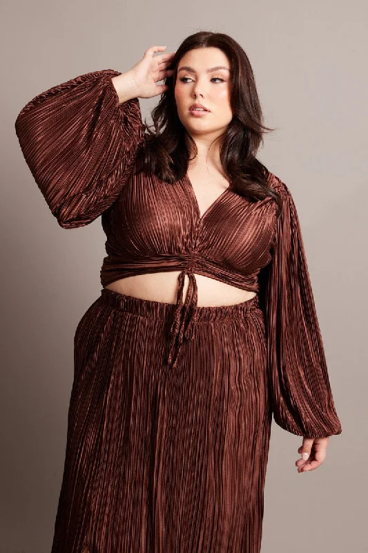 Brown Crop Top Long Sleeve V-neck Plisse