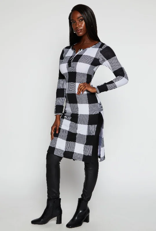 Plaid Side Slit Long Sleeve Tunic Top