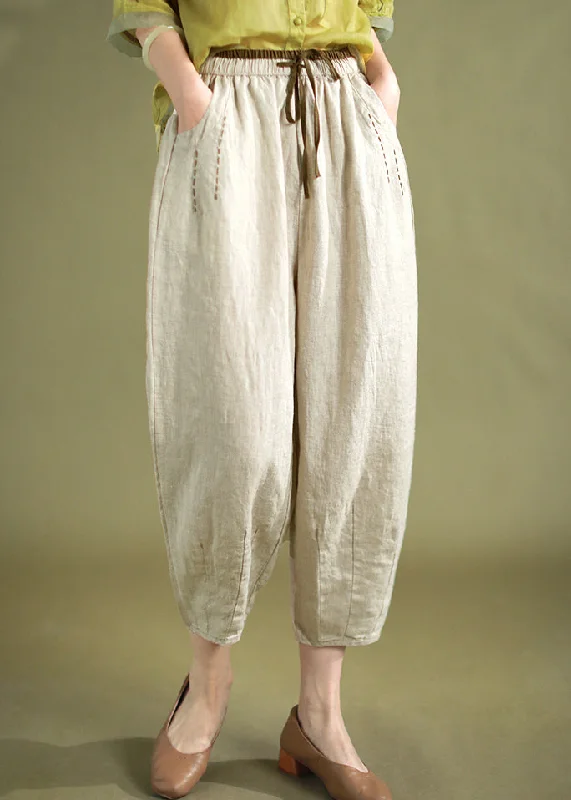 Linen Lace Up Linen Harem Pants Elastic Waist Summer