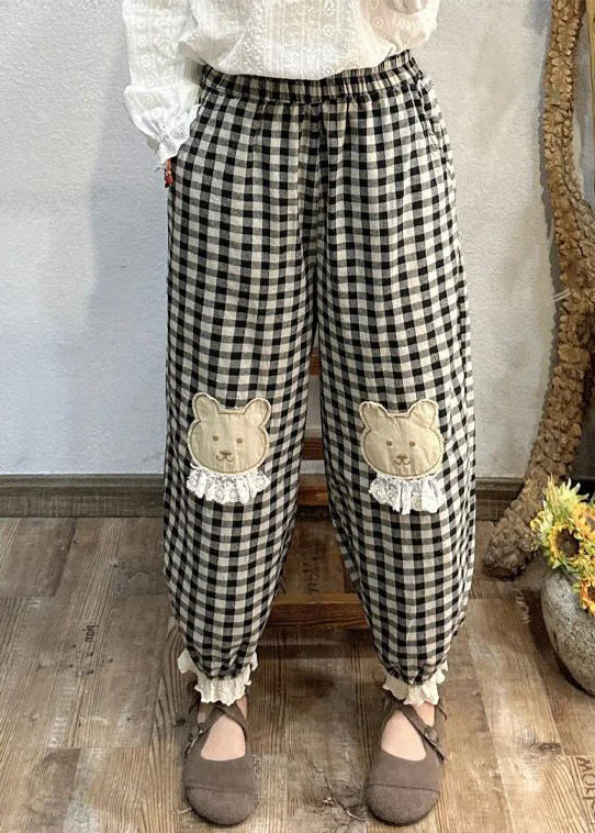 Loose Plaid Pockets Elastic Waist Cotton Crop Pants Spring