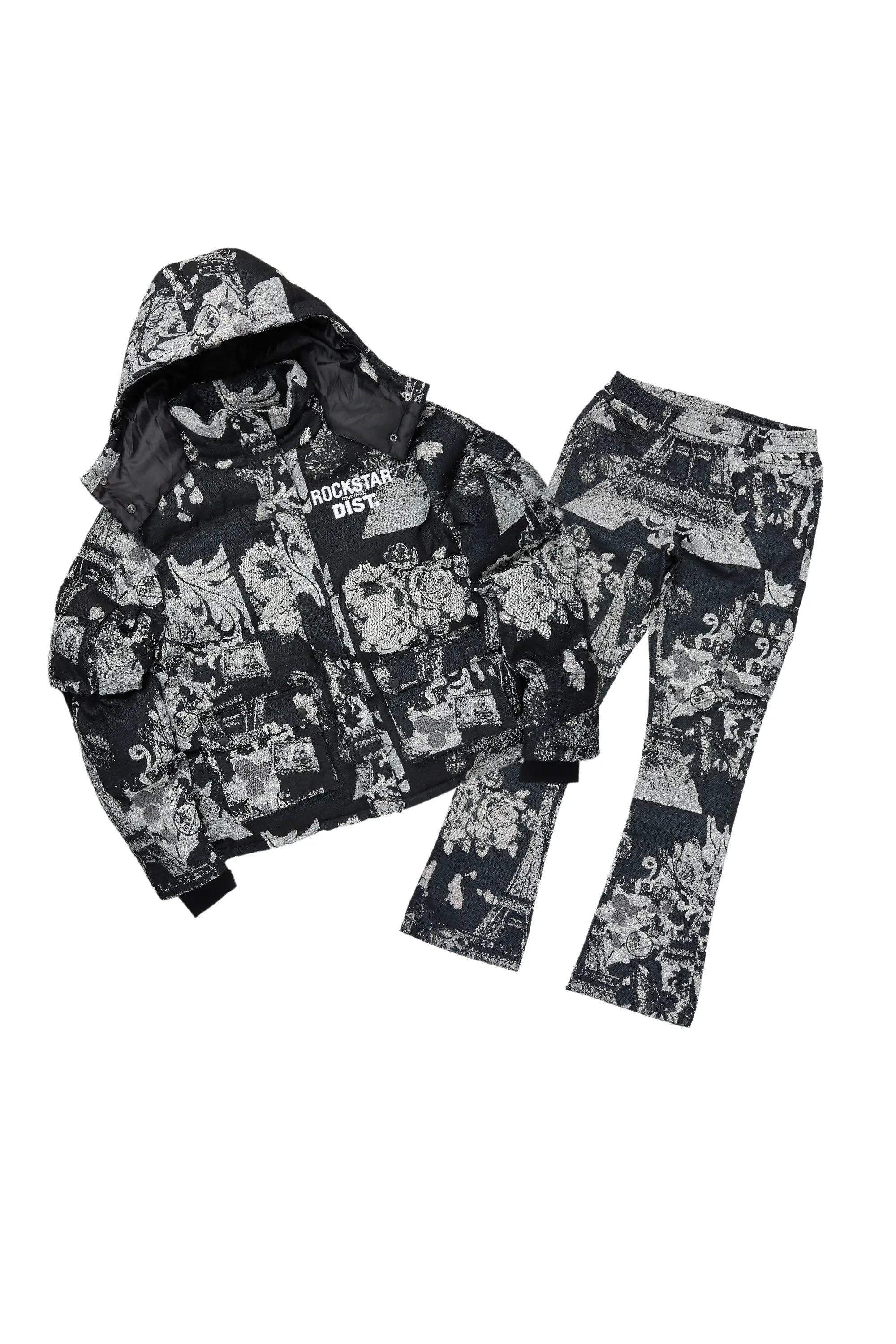 Girls Lamia Black Tapestry Puffer Jacket/Flare Jean Set