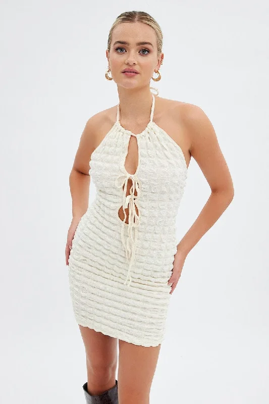 Beige Textured Mini Dress Backless