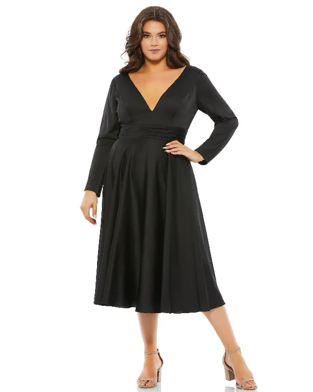 Black 18W Mac Duggal 67907 Long Sleeve Formal Midi Length Dress Sale