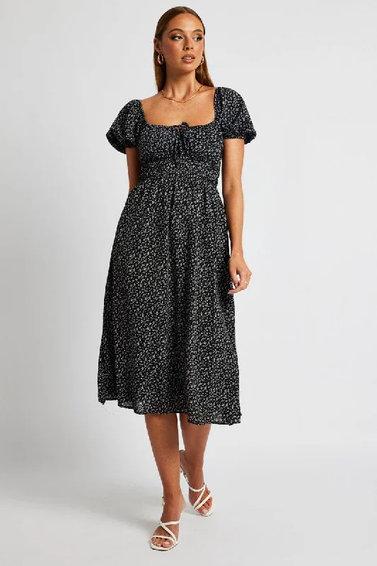 Black Ditsy Midi Dress Short Sleeve Ruched Bust