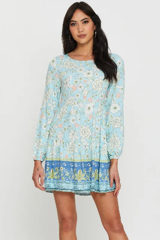 Boho Print Mini Dress Long Sleeve