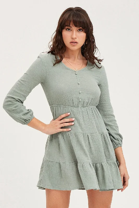 Green Skater Dress Long Sleeve Mini