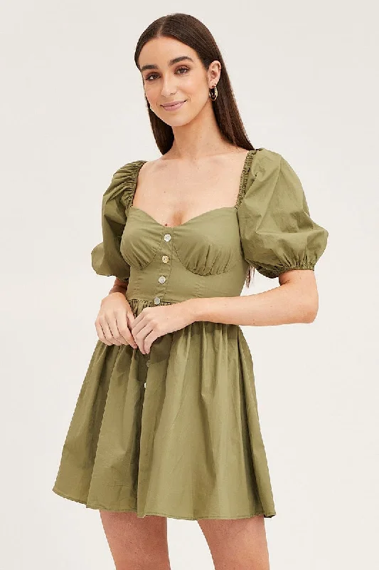 Green Skater Dress Puff Sleeve Mini Sweet Heart Neck