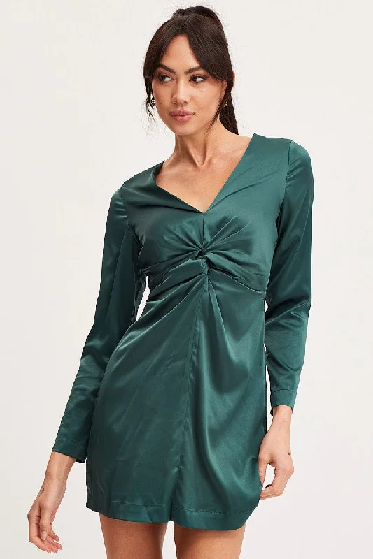 Green Twist Front Dress Long Sleeve Mini