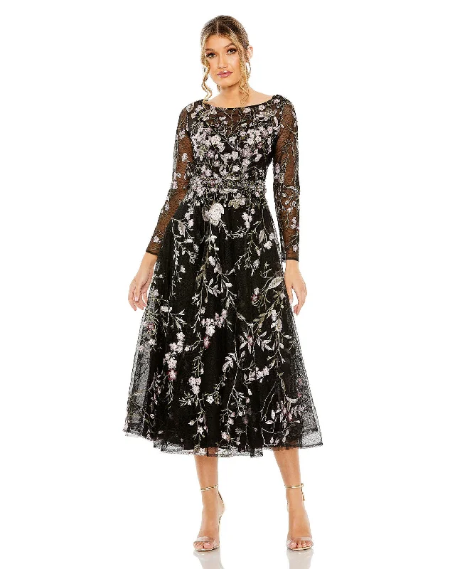 Mac Duggal 20476 Long Sleeve Formal Floral Midi Dress