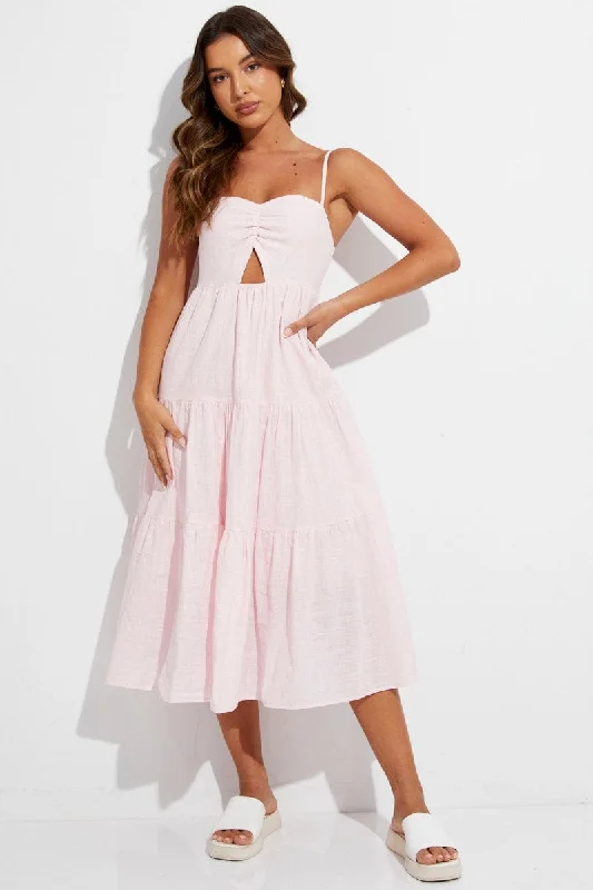 Pink Midi Dress Sleeveless Ruched Tiered