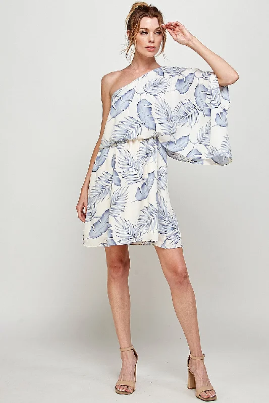 Short Tropical Print One Shoulder Mini Dress