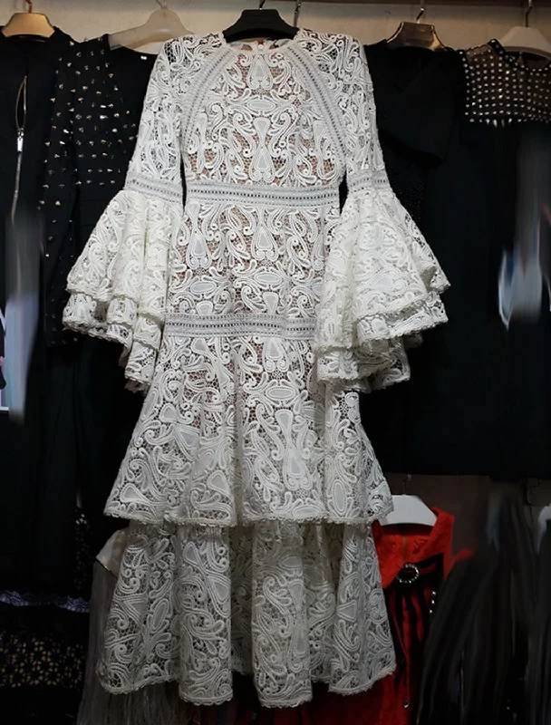 A-Line Wedding Guest Dresses Casual Dress Party Wear Ankle Length Long Sleeve Jewel Neck Lace with Ruffles Appliques