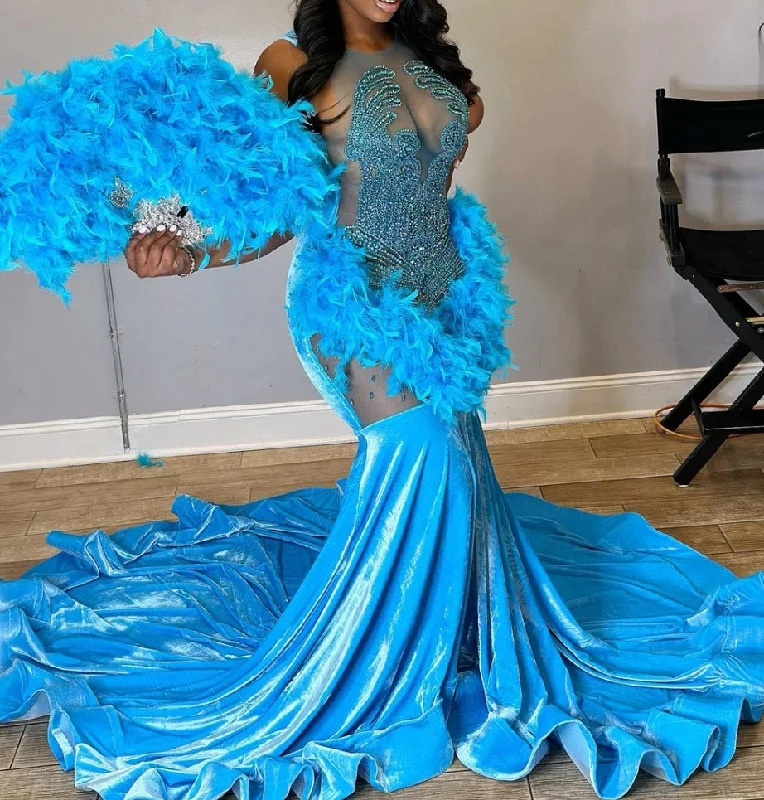 Legend Blue Velvet Feathers Mermaid Golden Crystal Beading Prom Dresses Luxury Designer Party Black Girls Bespoke robe de bal