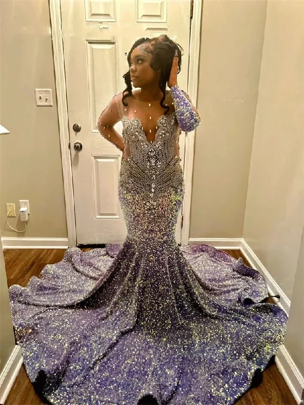 Lilac Sheer O Neck Long Prom Dress For Black Girls Beaded Crystal Diamond Birthday Party Gowns Sequined Evening Dresses Robe De