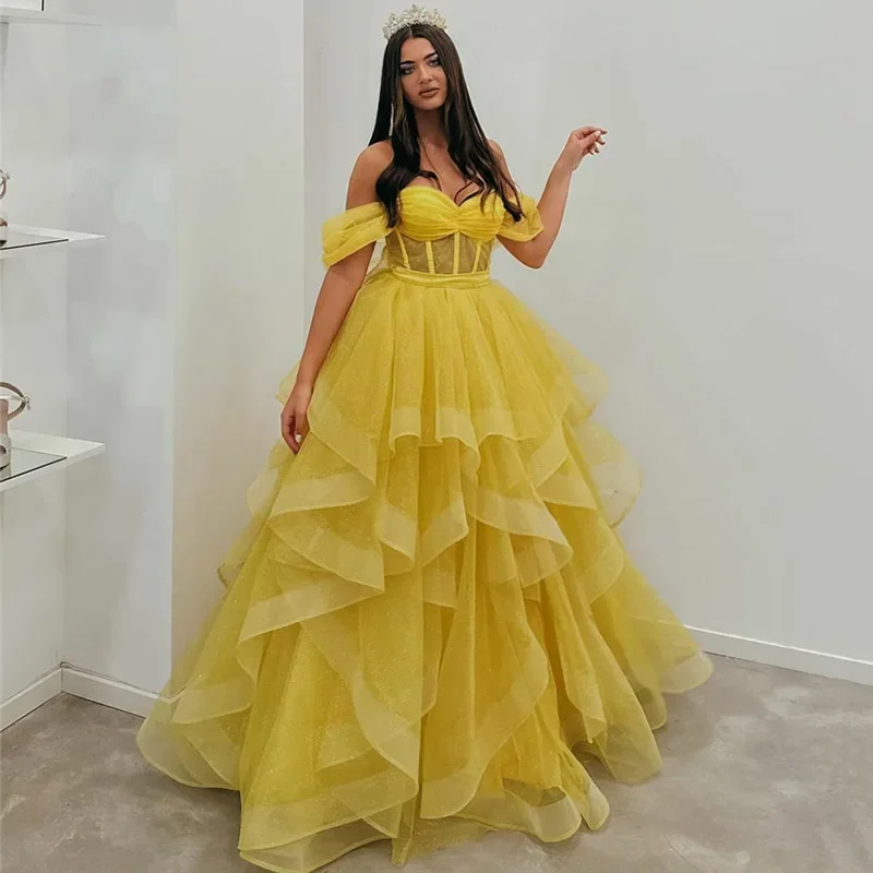 Yellow Prom Dress Off The Sholulder Tiered Shiny Glitter Tulle Party Gowns Corset Formal Evening Dress 2024