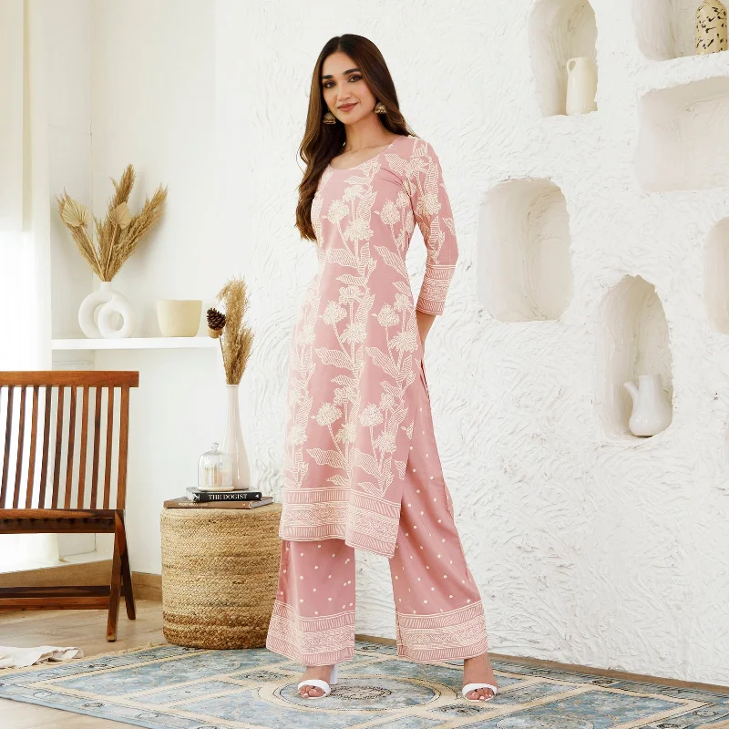 Baby Pink Floral Jaal Kurta Pants Co-ord Set