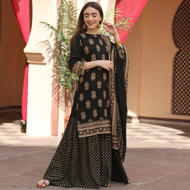 Black Festive Gold Gharara Kurta Set with Dupatta