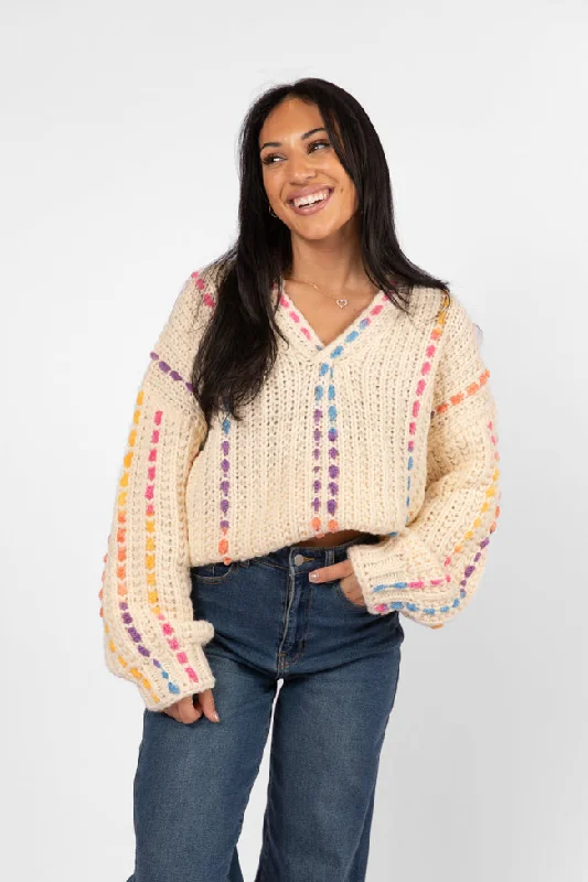 Day We Met Cream Multi Color Stitched Detail V-Neck Sweater