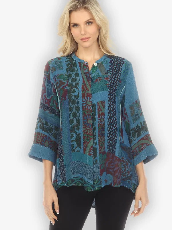 Exotic Engineered Art in Blue Silk Blend Shirt