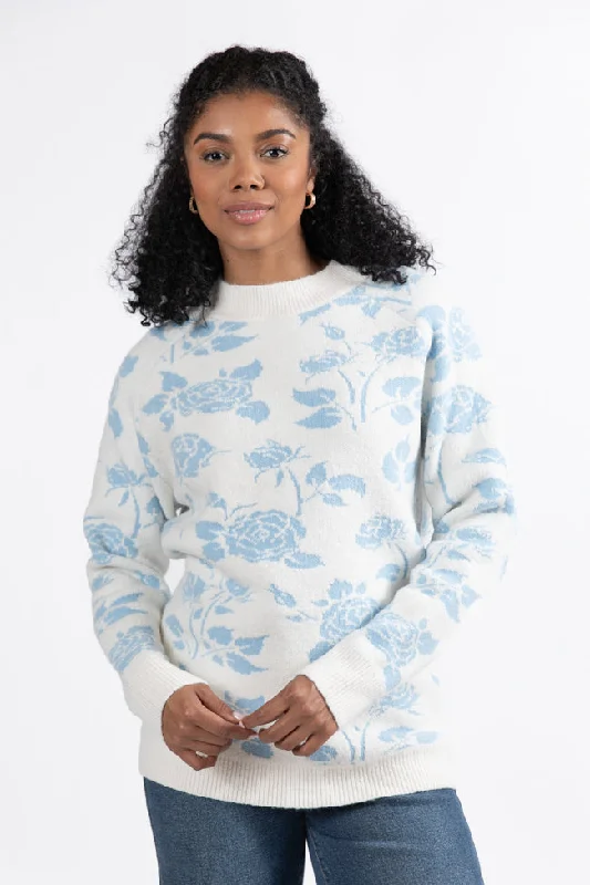 Feeling Like Love Ivory and Blue Floral Crew Neck Sweater