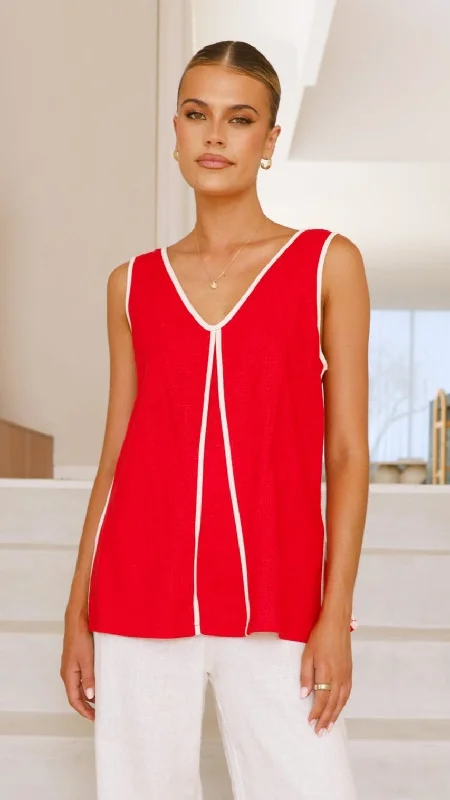 Loren V Neck Sleeveless Top - Red/White