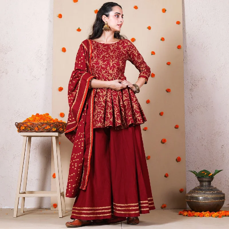 Maroon Festive Gold Printed Kurta Set with Dupatta for Women