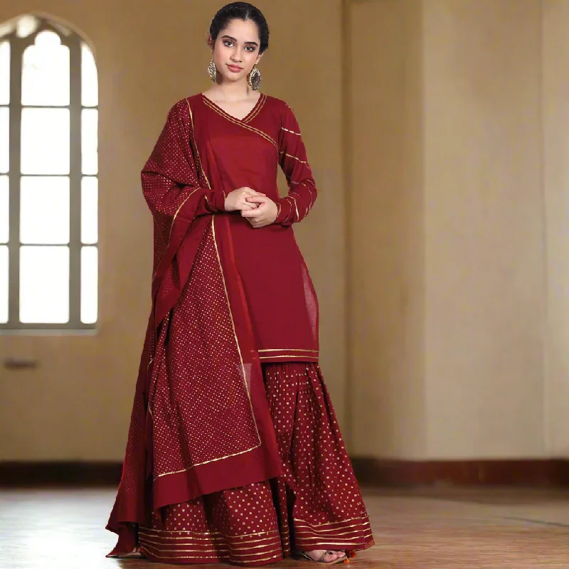 Maroon Gold Printed Gharara Set with Dupatta