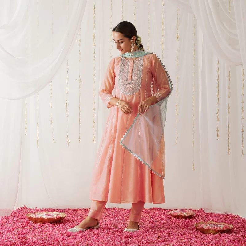 Peach Embroidered Chanderi Kurta Set for Women