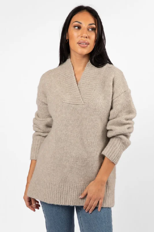 Relax Oatmeal Slouchy V-Neck Sweater