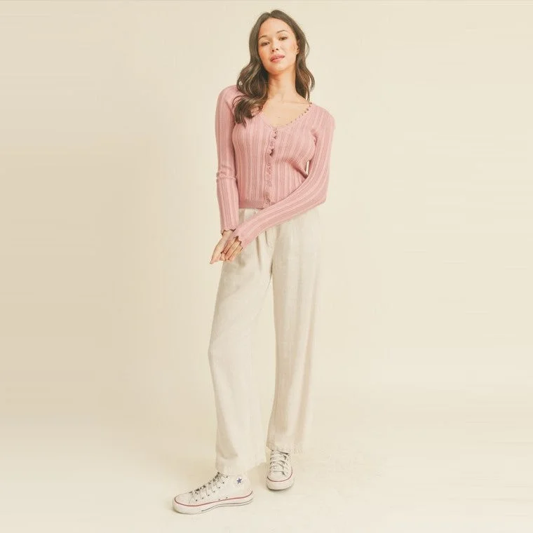 Scallop Trim Button Front Cardigan (Rose)