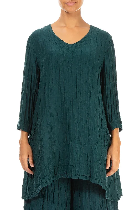 Twin Pockets Crinkled Emerald Silk Linen Tunic